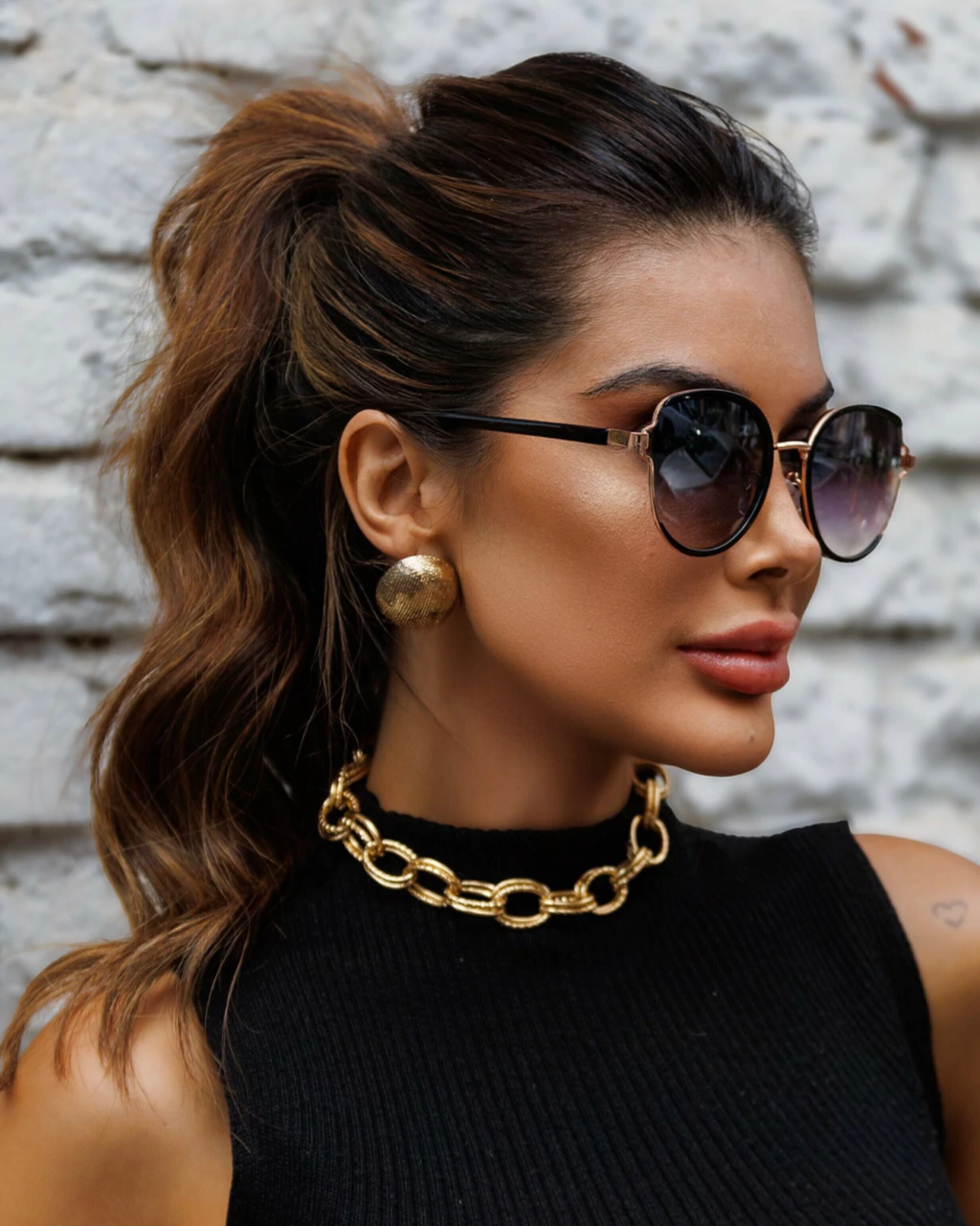 Óculos de Sol Gatinho Arredondado Geovana - Preto - Metal/Acetato