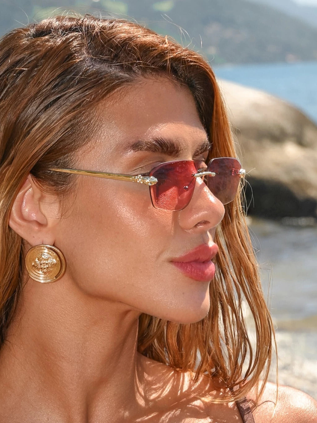 Óculos de Sol Premium Retangular Savage - Rosa Degrade Dourado - Metal